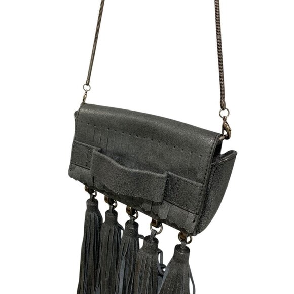 Zac Posen Heavy Tassel Brushed Black Leather Shoulderbag Clutch Hand Strap - Picture 6 of 11